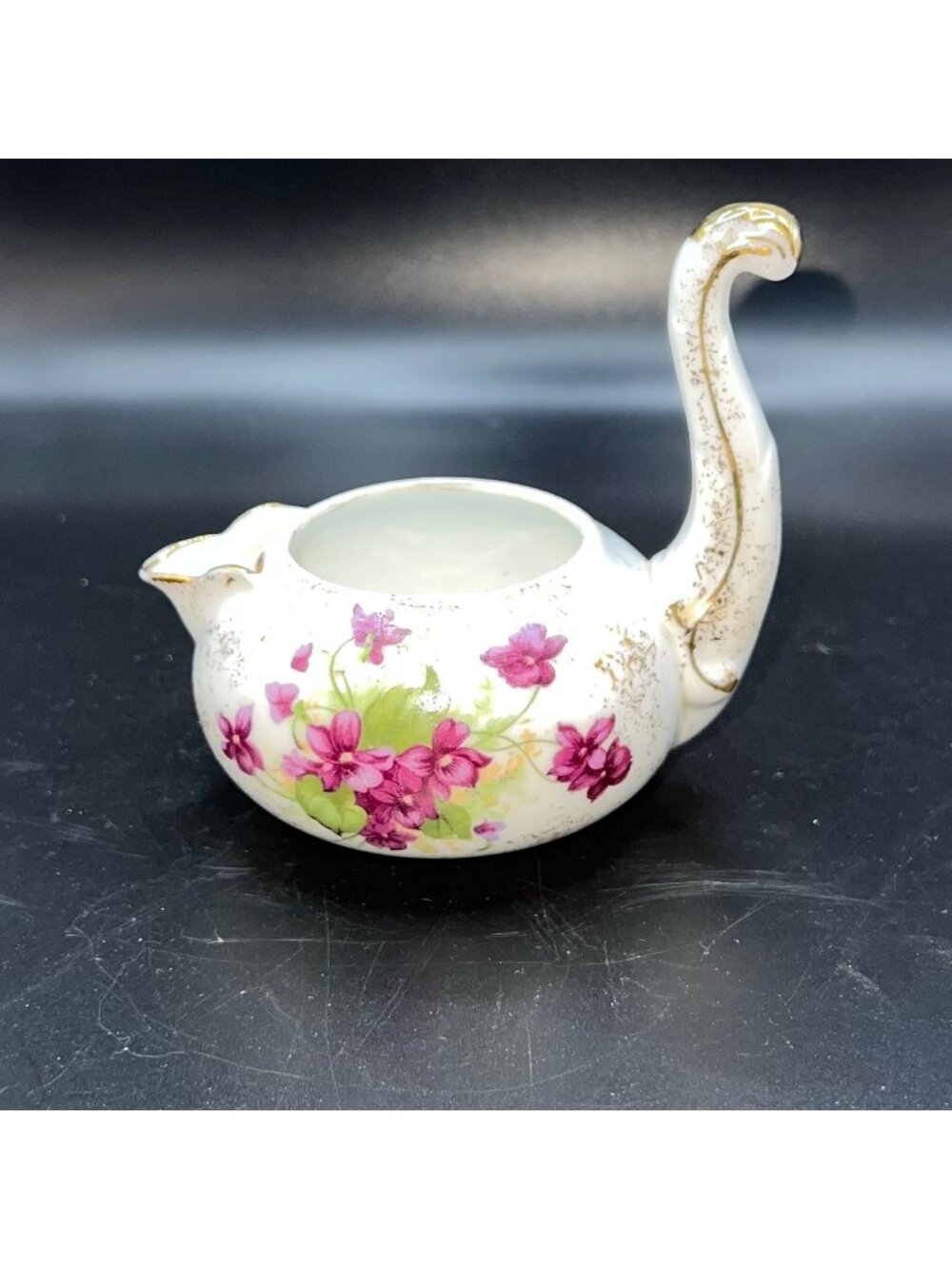 Antique Lefton China Hand-Painted Long handle Creamer Violet Floral Gold Accents